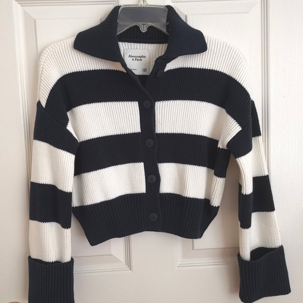 NWT Abercrombie Striped Button Front Collard Cardigan Navy Heavy Cotton XXS Crop